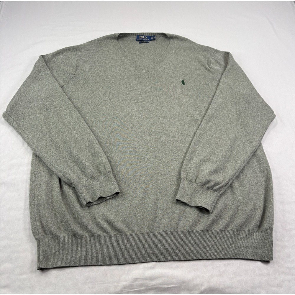 Polo Ralph Lauren Sweater Men 2XLT Tall Gray V-Neck Pullover Pima Cotton Stretch